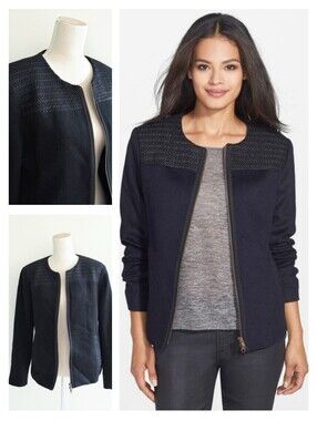 Like New Eileen Fisher Woven Contrast Yoke Wool Zip Jacket In Black
